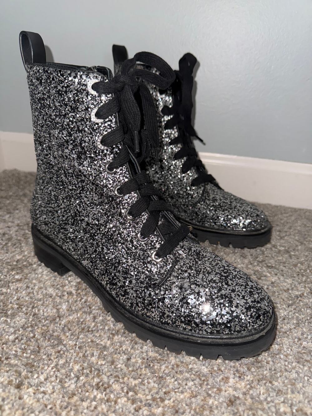 Kate Spade New York Jemma silver glitter combat boot - size 6.5